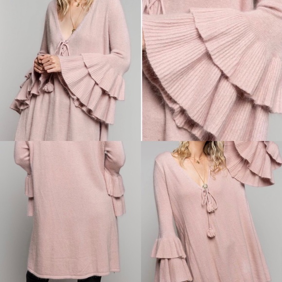 Rose Pink Tiered Bell Sleeve Tunic Sweater - Picture 3 of 11